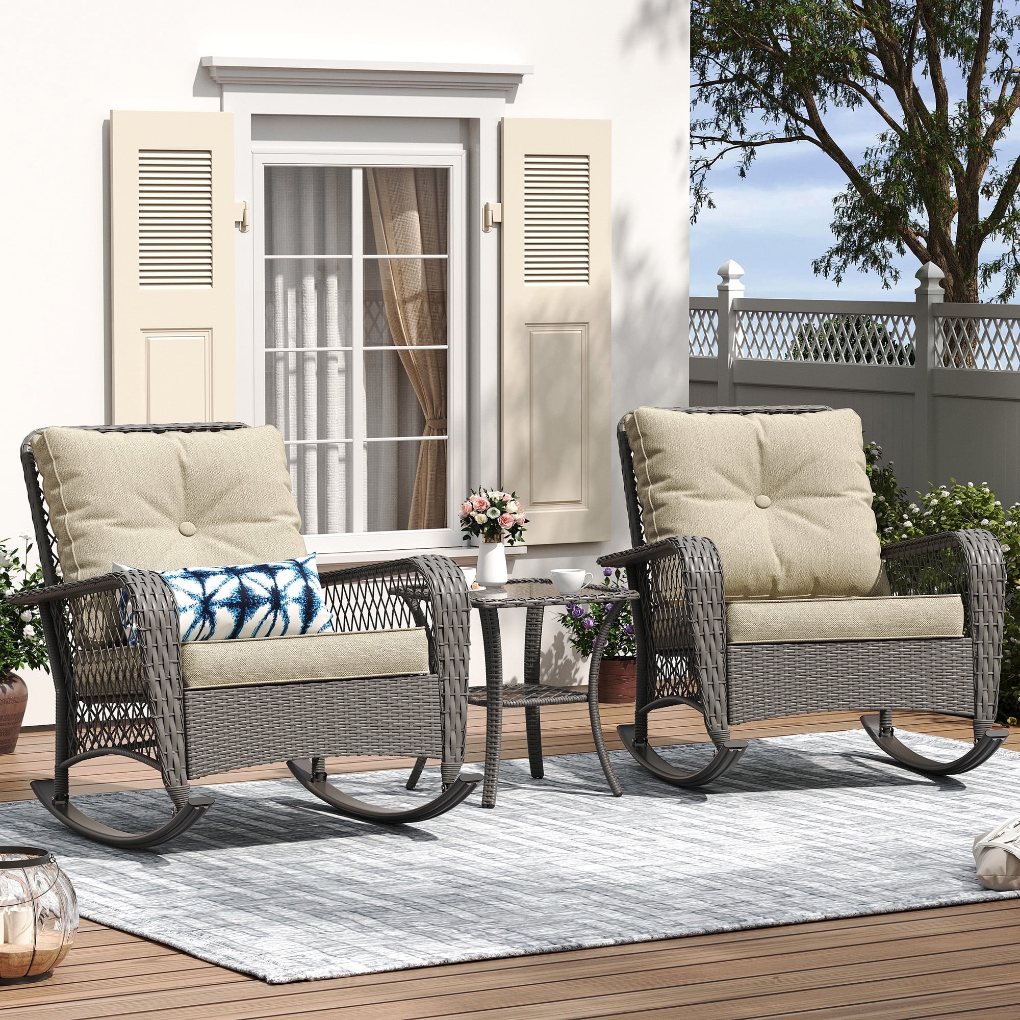 ELPOSUN 3-Piece Outdoor Rocking Chairs, Wicker Patio Furniture with Thickened Cushions and Table for Porch(Gray & Light Grey)
