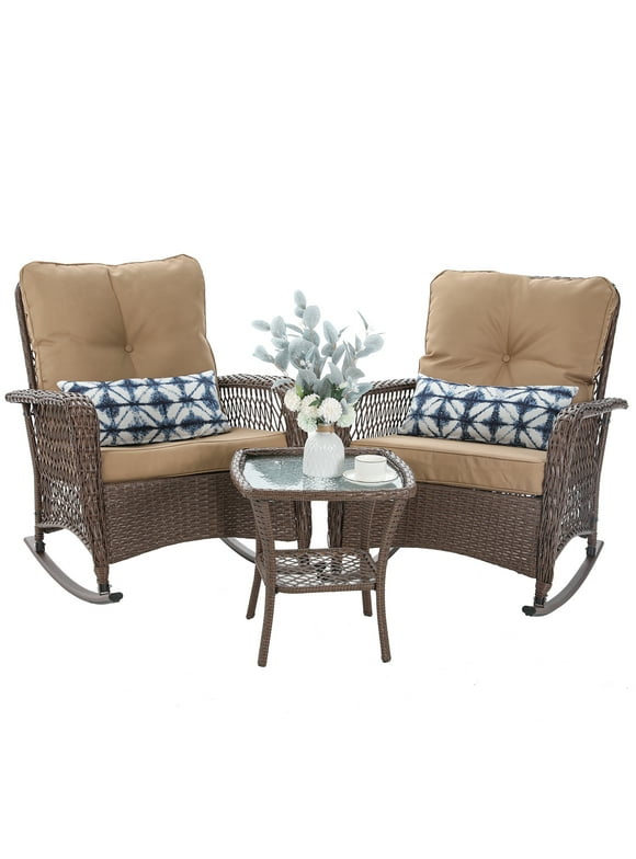 ELPOSUN 3-Piece Outdoor Rocking Chairs, Wicker Patio Furniture with Thickened Cushions and Table for Porch