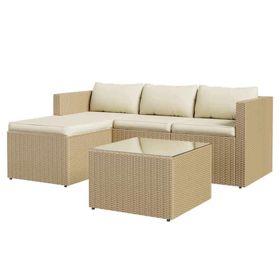 ELPOSUN 3-Piece Patio Furniture Conversation Set, All-Weather Wicker Outdoor Sectional Sofa Set with Table & Cushions, Beige