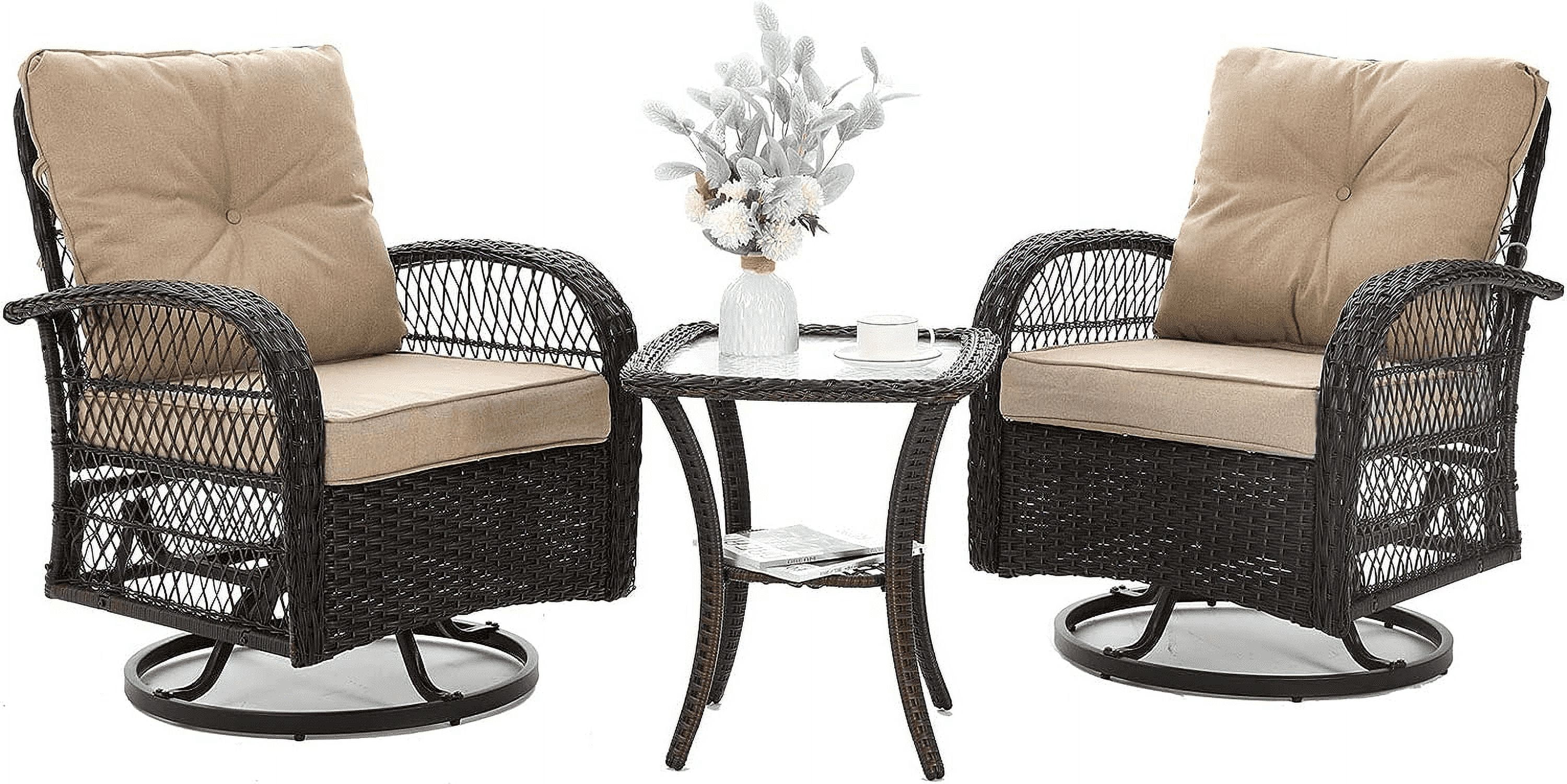 LAUSAINT HOME 3 Pieces Patio Outdoor Conversation Set with 2 Tier Coffee Table PE Wicker Rocking Chairs with Beige Cushions