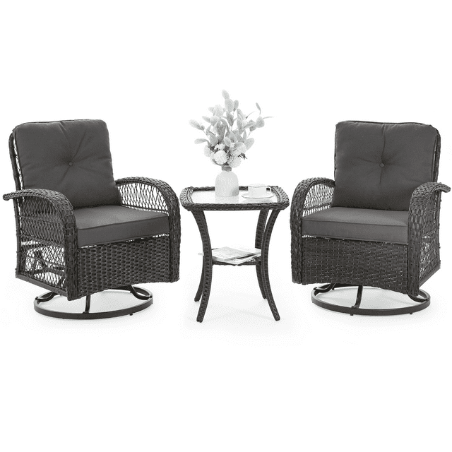 ELPOSUN 3Pc Patio Furniture Set, Outdoor Swivel Glider, Wicker Bistro