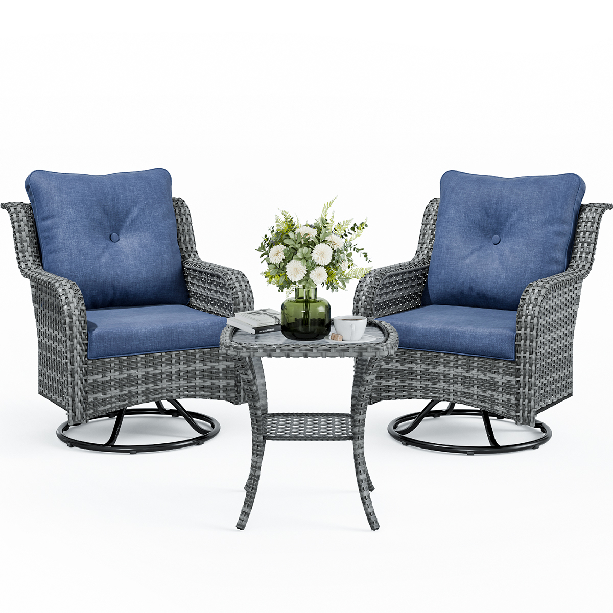 ELPOSUN 3pc Patio Set Outdoor Swivel Glider, Rattan Rocking Chair