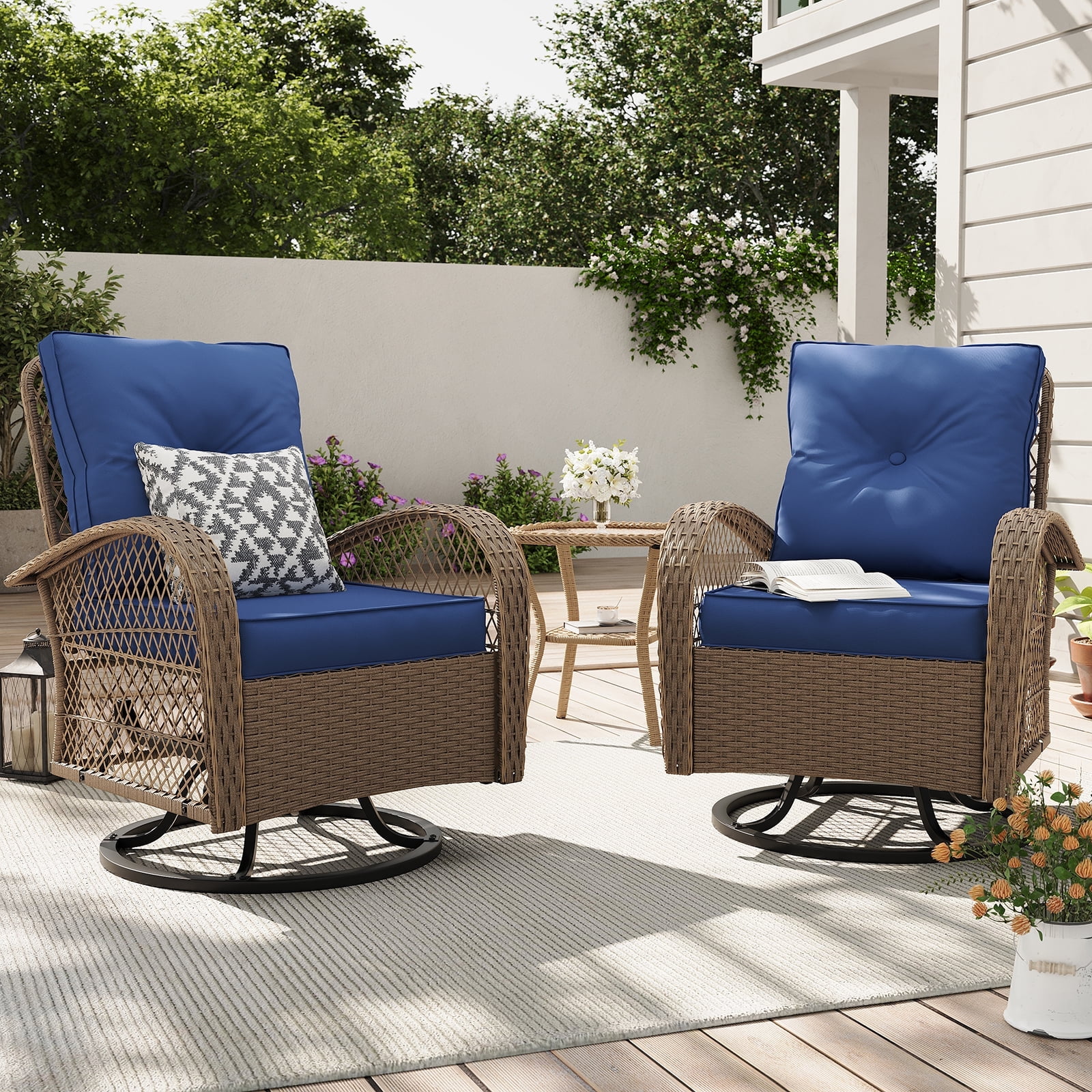 ELPOSUN 3 Pieces Patio Furniture Set Outdoor Swivel Gliders Rocker Wicker Patio Bistro Set Rattan Rocking Chair Glass Top Side Table Thickened Cushio