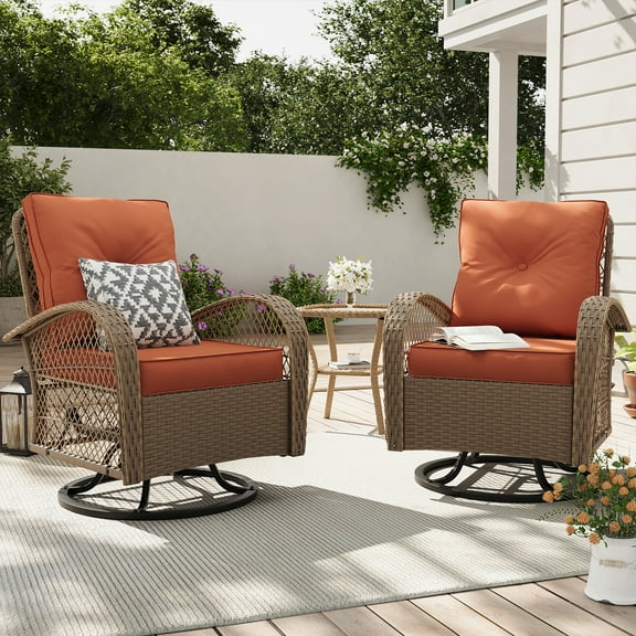 ELPOSUN 3 Pieces Patio Furniture Set, Outdoor Swivel Gliders Rocker, Wicker Patio Bistro Set with Rattan Rocking Chair, Glass Top Side Table and Thickened Cushions（Orange）