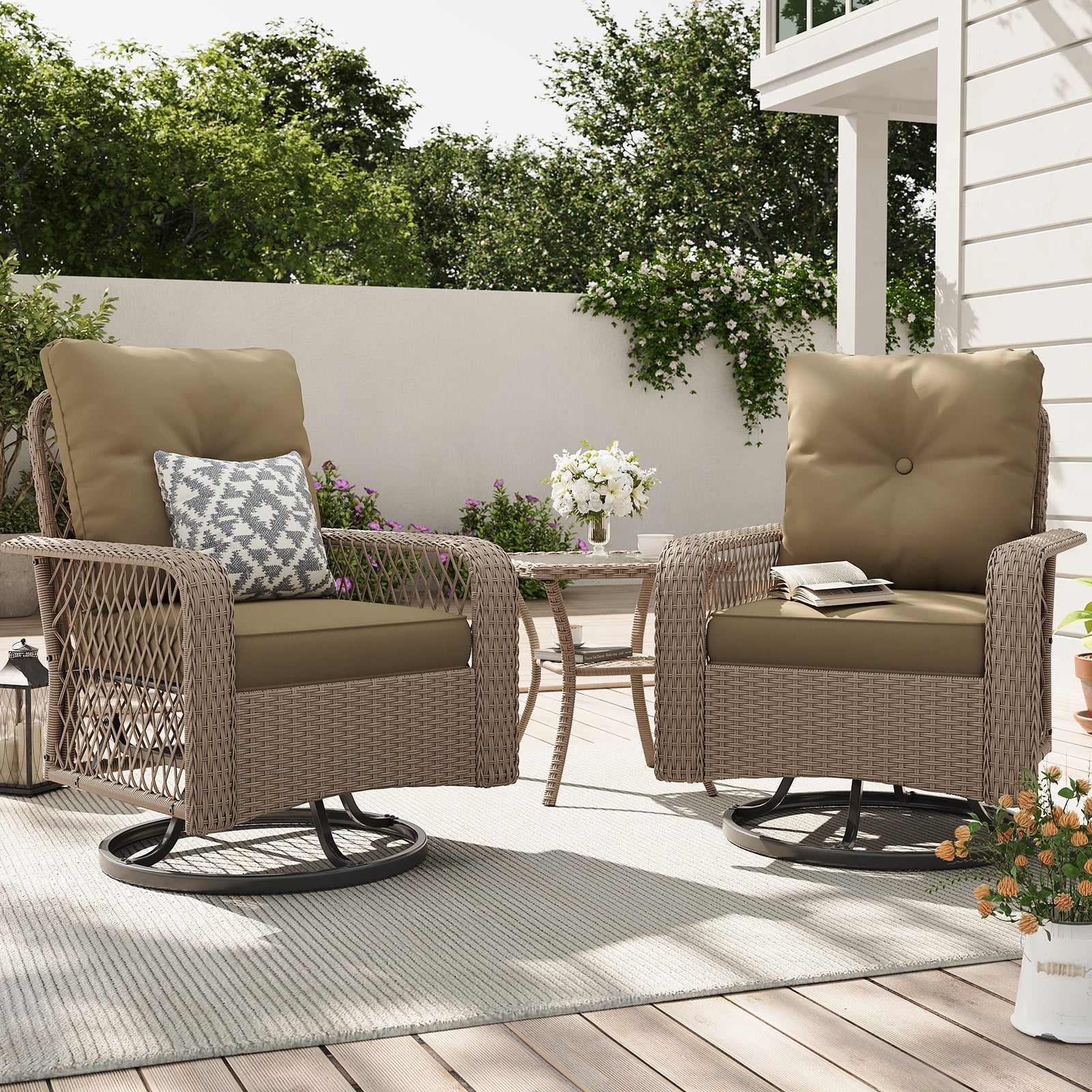 ELPOSUN 3 Pieces Patio Furniture Set Outdoor Swivel Gliders Rocker Wicker Patio Bistro Set Rattan Rocking Chair Glass Top Side Table Thickened Cushio