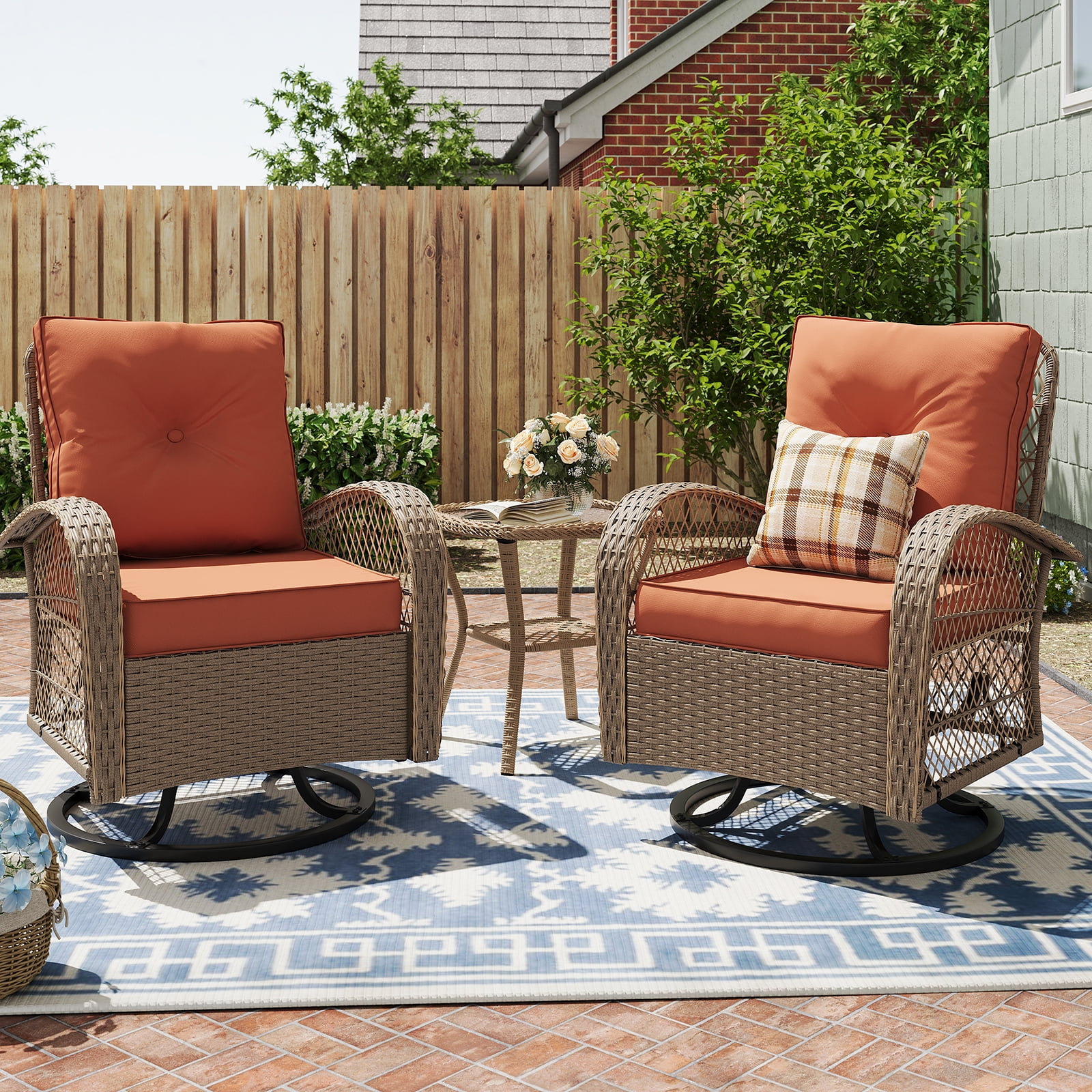 ELPOSUN 3 Pieces Patio Furniture Set Outdoor Swivel Gliders Rocker Wicker Patio Bistro Set Rattan Rocking Chair Glass Top Side Table Thickened Cushio