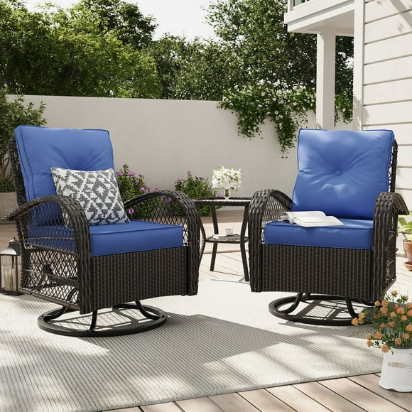 ELPOSUN 3 Pieces Patio Furniture Set, Outdoor Swivel Gliders Rocker, Wicker Patio Bistro Set with Rattan Rocking Chair, Glass Top Side Table and Thickened Cushions for Porch Deck Backyard