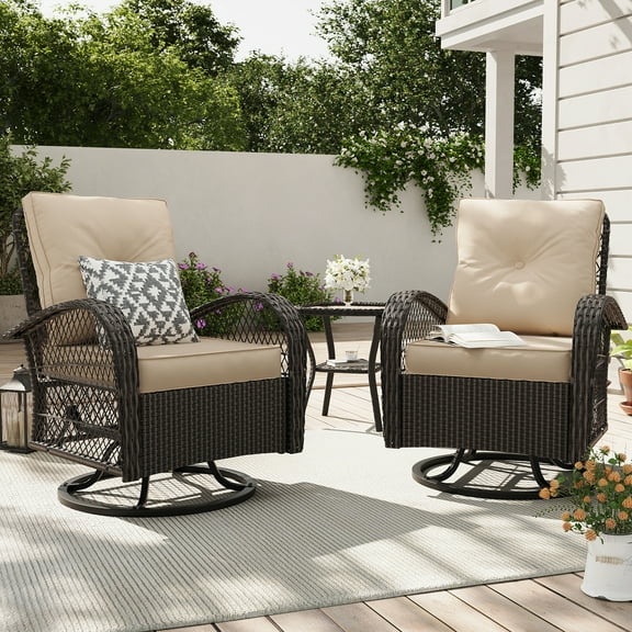 ELPOSUN 3 Pieces Patio Furniture Set, Outdoor Swivel Gliders Rocker, Wicker Patio Bistro Set with Rattan Rocking Chair, Glass Top Side Table and Thickened Cushions for Porch Deck Backyard