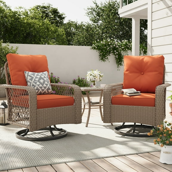 ELPOSUN 3 Pieces Patio Furniture Set, Outdoor Swivel Gliders Rocker, Wicker Patio Bistro Set with Rattan Rocking Chair, Glass Top Side Table and Thickened Cushions（Orange）