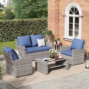 ELPOSUN Wicker Patio Furniture Set, 4 Piece Outdoor Sectional Conversation Sets, Gray PE Rattan Patio Sofa Set for Balcony, Porch, Backyard, Navy Blue