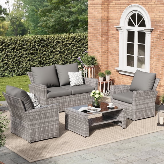 ELPOSUN Wicker Patio Furniture Set, 4 Piece Outdoor Sectional Conversation Sets, Gray PE Rattan Patio Sofa Set for Balcony, Porch, Backyard, Grey