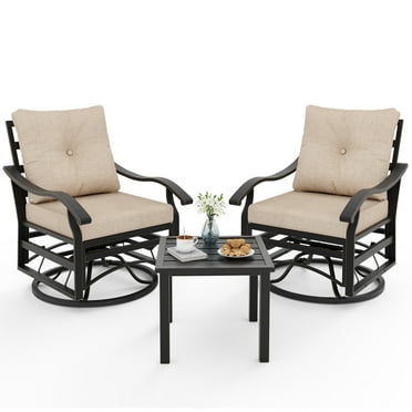 ELPOSUN 3-Piece Outdoor Patio Conversation Set - Metal Swivel Rocking Chairs (2) with Beige Cushions & Coffee Table - Garden, Porch, Backyard Furniture