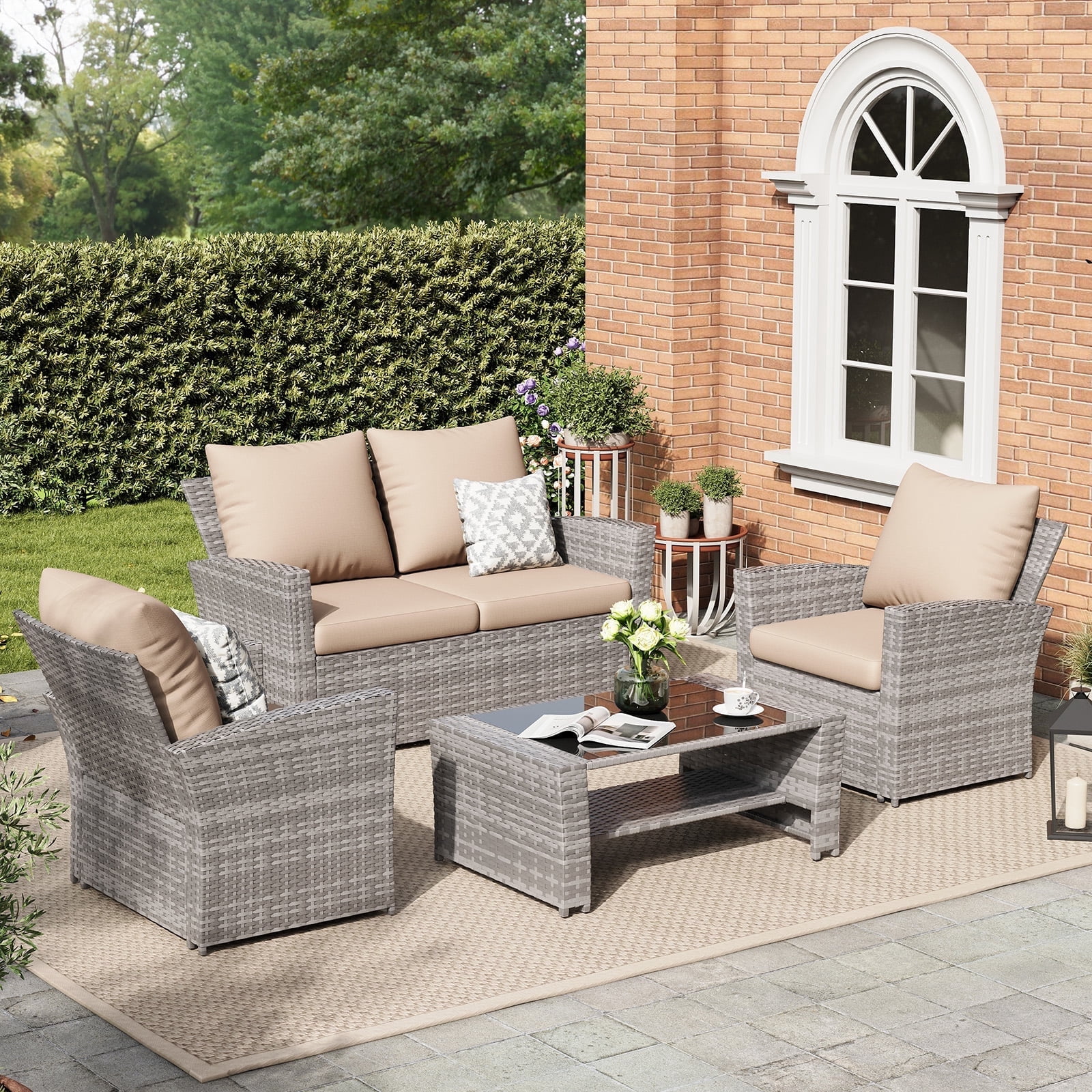 ELPOSUN Wicker Patio Furniture Set, 4 Piece Outdoor Sectional Conversation Sets, Gray PE Rattan Patio Sofa Set for Balcony, Porch, Backyard, Khaki