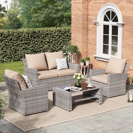 ELPOSUN Wicker Patio Furniture Set, 4 Piece Outdoor Sectional Conversation Sets, Gray PE Rattan Patio Sofa Set for Balcony, Porch, Backyard, Khaki