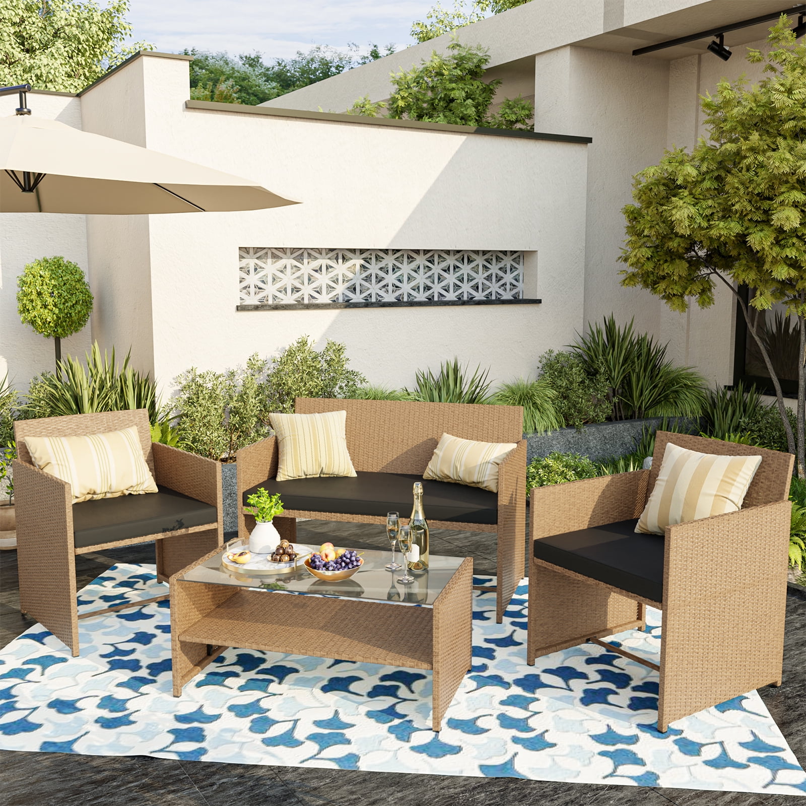 ELPOSUN 4-Piece Patio Rattan Furniture Set with Cushions & Tempered Glass Tabletop, Black