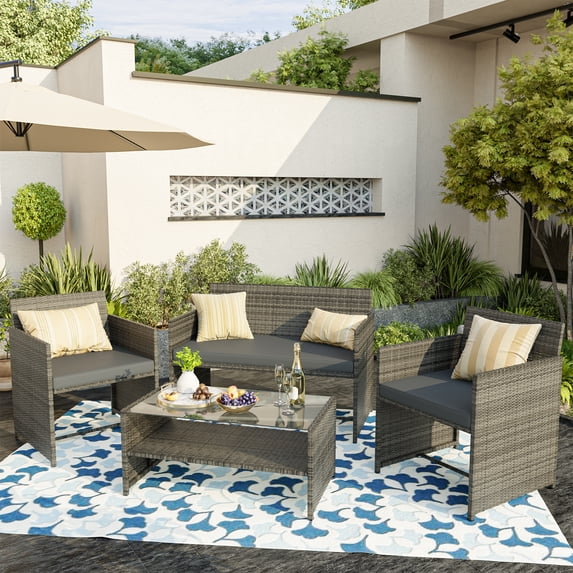 ELPOSUN 4-Piece Rattan Wicker Patio Furniture Set with Cushions and Tempered Glass Tabletop, Patio Conversation sets Gray