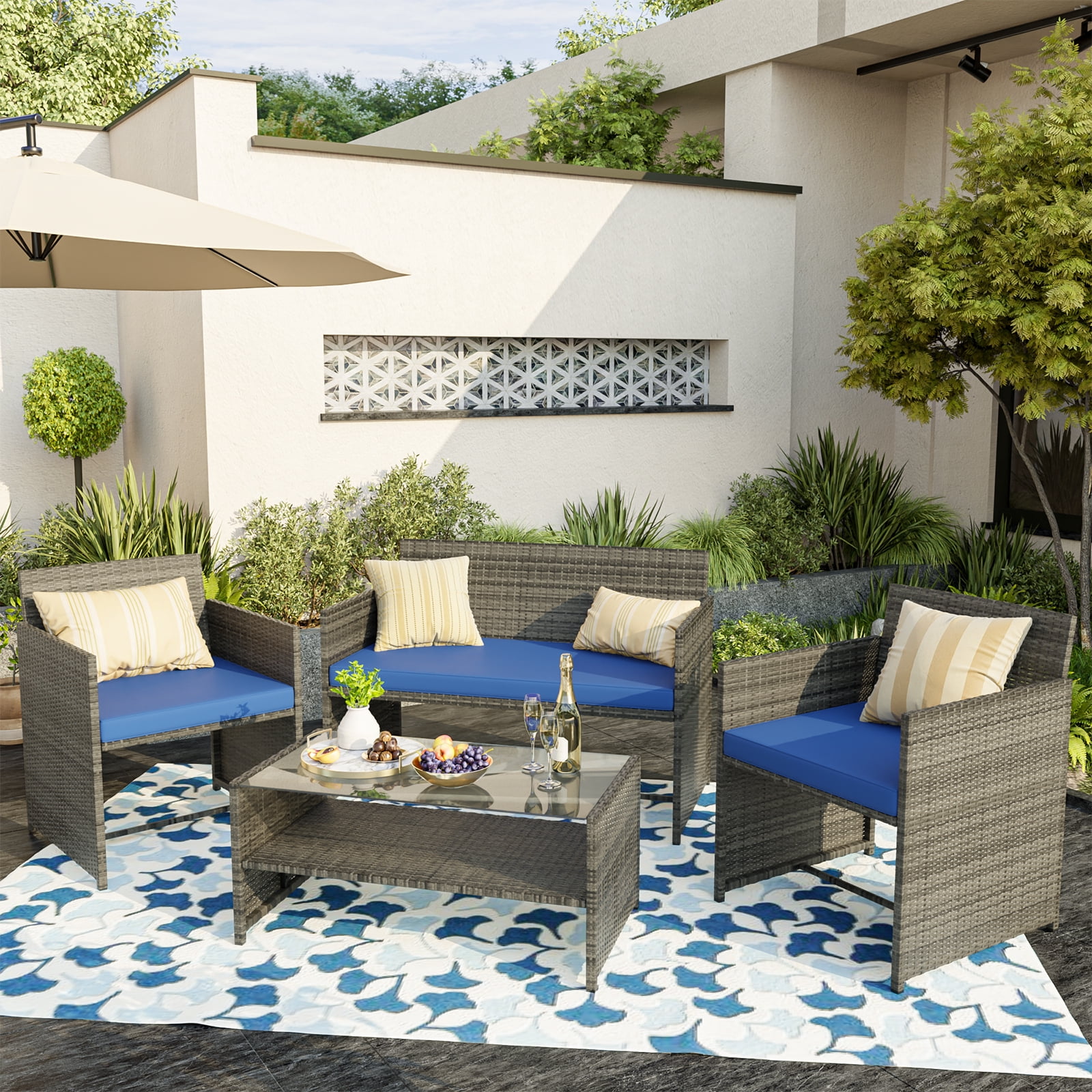 ELPOSUN 4-Piece Rattan Wicker Patio Furniture Set with Cushions and Tempered Glass Tabletop, Patio Conversation sets Navy Blue