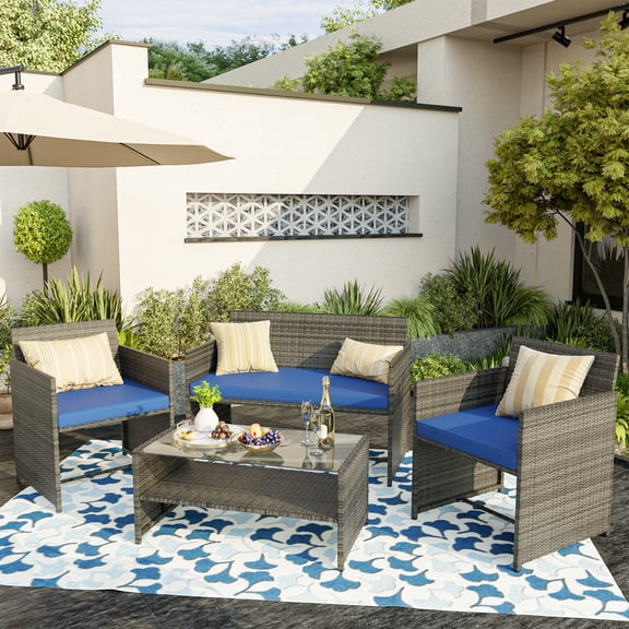 ELPOSUN 4-Piece Rattan Wicker Patio Furniture Set with Cushions and Tempered Glass Tabletop, Patio Conversation sets Navy Blue