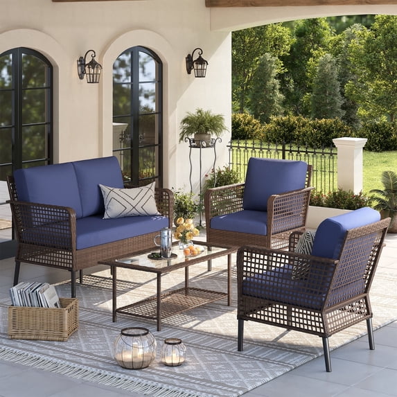 ELPOSUN 4 Pieces Patio Furniture Set, All-Weather Wicker Outdoor Furniture Set for Porch, Patio Conversation Set for Backyard, Balcony, Brown/Blue