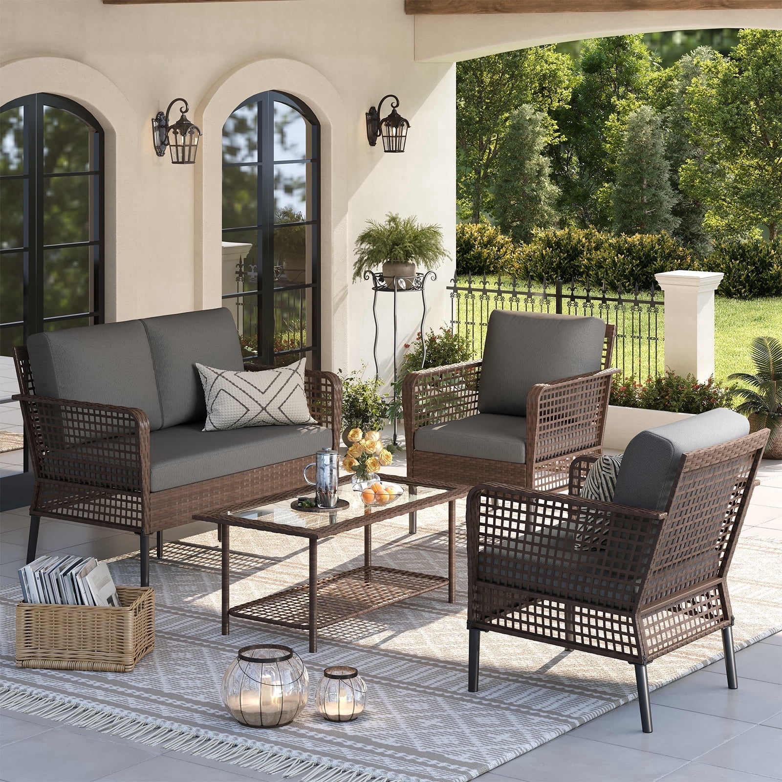 ELPOSUN 4 Pieces Patio Furniture Set, All-Weather Wicker Outdoor Furniture Set for Porch, Patio Conversation Set for Backyard, Balcony, Brown/Gray