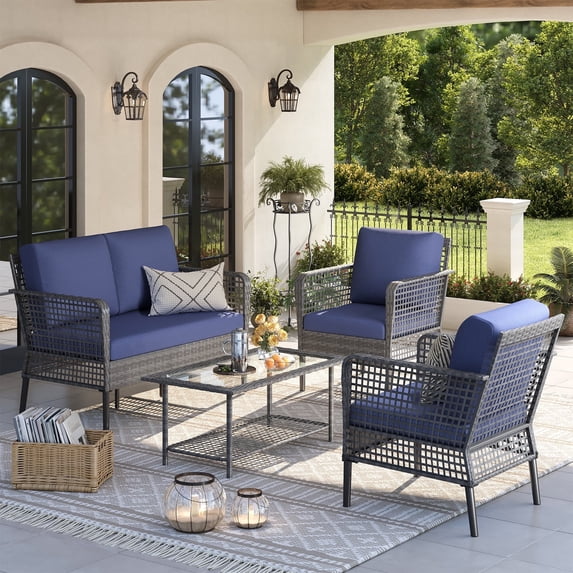 ELPOSUN 4 Pieces Patio Furniture Set, All-Weather Wicker Outdoor Furniture Set for Porch, Patio Conversation Set for Backyard, Balcony, Gray/Blue
