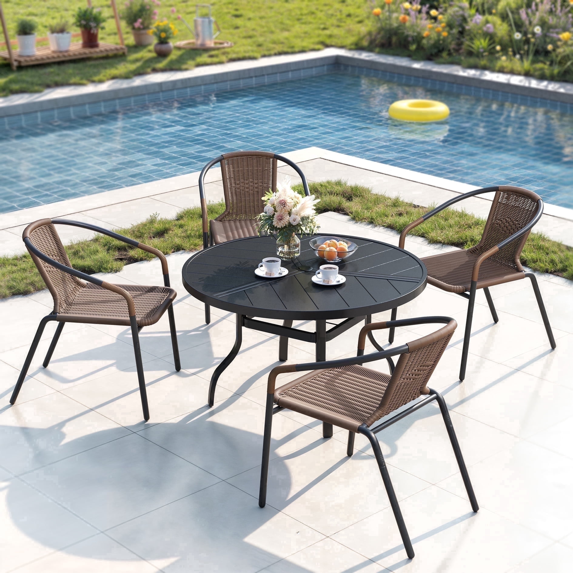 brown wicker patio table with umbrella hole Best Choice Products Rattan Side Outdoor Furniture for Garden, Pool, Deck w/ Enhance your patio ELPOSUN 5-Piece Outdoor Patio Dining