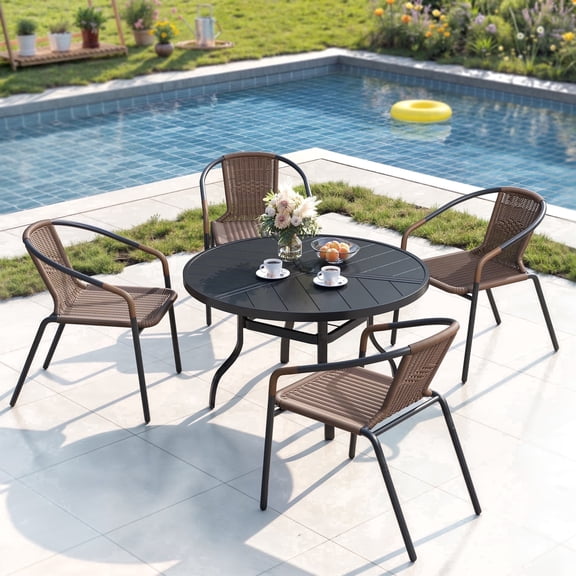 ELPOSUN 5-Piece Outdoor Patio Dining Set, Patio Dining Chairs & 39.3” Large Round Dining Table with Umbrella Hole, Steel Frame & Rattan Seat, Black/Brown