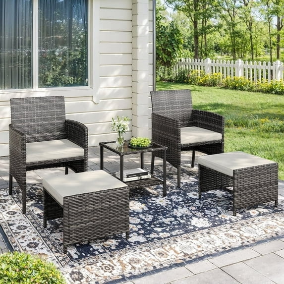 ELPOSUN 5-Piece Outdoor Rattan Patio Furniture Set, Conversation Chair with Side Table and Storage Ottoman, White