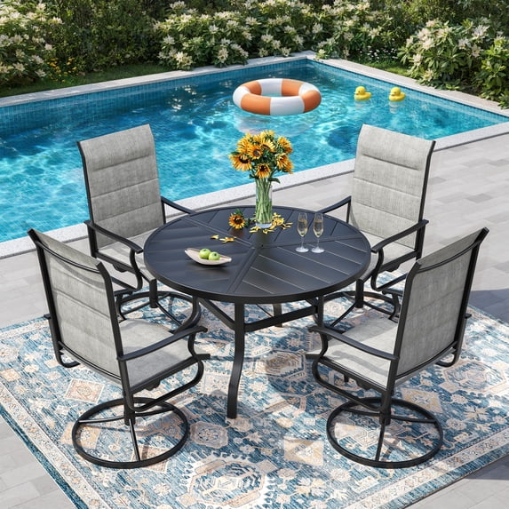 ELPOSUN 5-Piece Padded Patio Dining Set, 360-Swivel High Back Breathable Textilene Chairs & Round Table, Heavy Duty All-Weather Outdoor Furniture,Light Gray