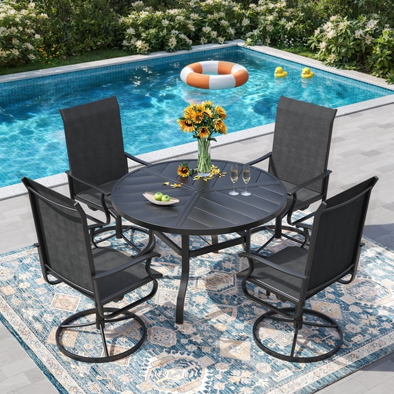 ELPOSUN 5-Piece Patio Dining Set, 360-Swivel High Back Breathable Textilene Chairs & Round Table, Heavy Duty All-Weather Outdoor Furniture,Black