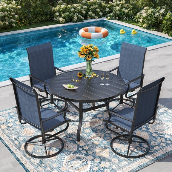 ELPOSUN 5-Piece Patio Dining Set, 360-Swivel High Back Breathable Textilene Chairs & Round Table, Heavy Duty All-Weather Outdoor Furniture,Navy