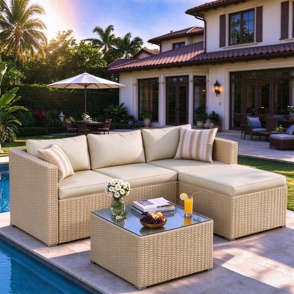 ELPOSUN 5-Piece Patio Furniture Conversation Set, All-Weather Wicker Outdoor Sectional Sofa Set with Table & Cushions, Beige