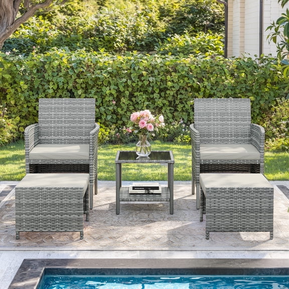 ELPOSUN 5 Piece Patio Furniture Set, Outdoor PE Wicker Chairs for Two with Ottoman Underneath,Beige