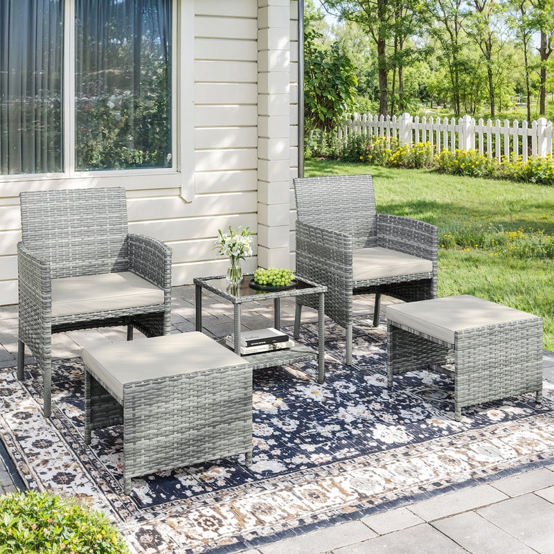 ELPOSUN 5 Piece Patio Furniture Set, Outdoor PE Wicker Chairs for Two with Ottoman Underneath,Beige