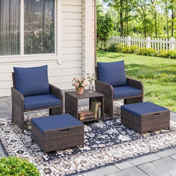 ELPOSUN 5 Piece Patio Furniture Set, Outdoor Conversation Wicker Chairs for Two with Ottoman Underneath,Brown Rattan,Navy
