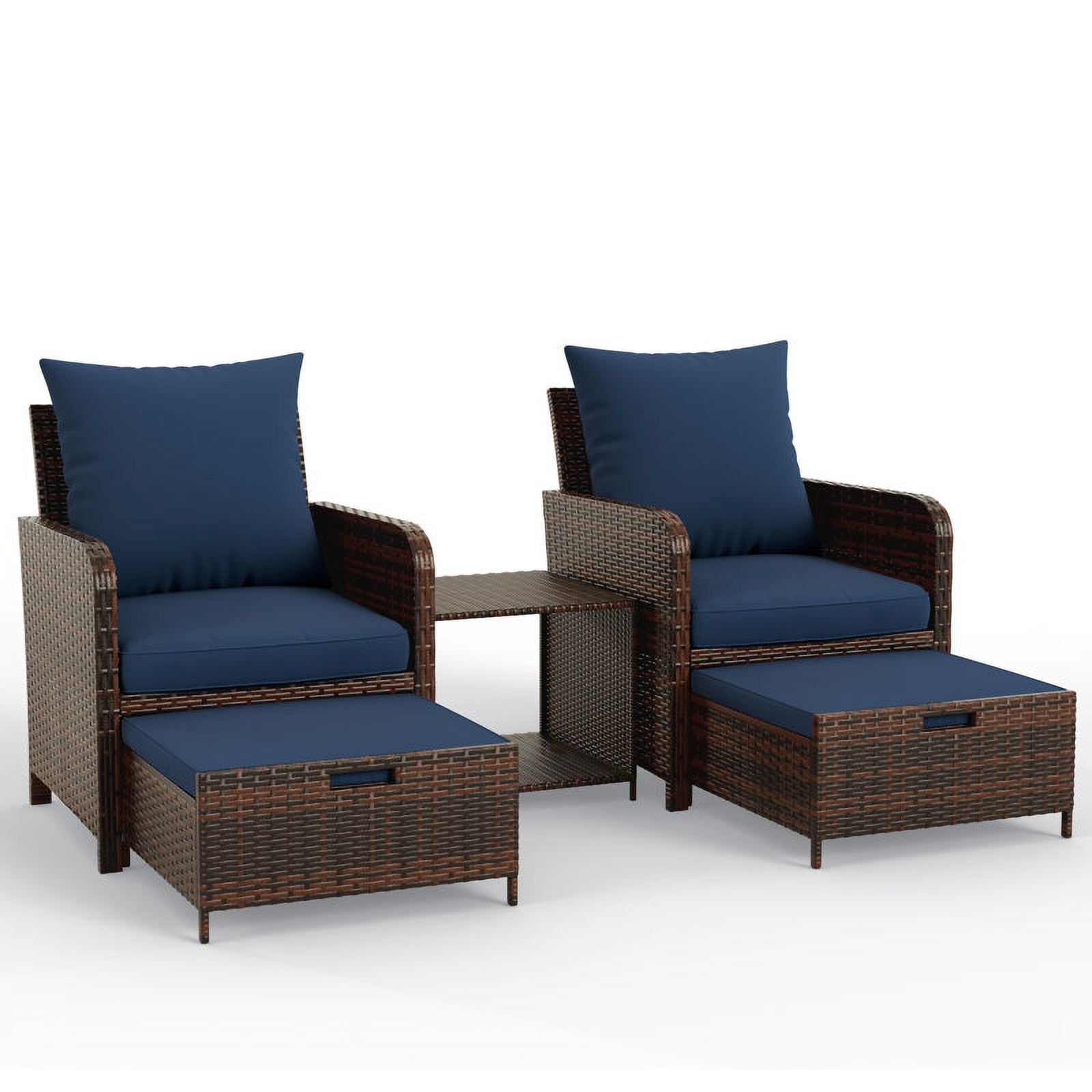 ELPOSUN 5 Piece Patio Furniture Set, Outdoor Conversation Wicker Chairs for Two with Ottoman Underneath,Brown Rattan,Navy
