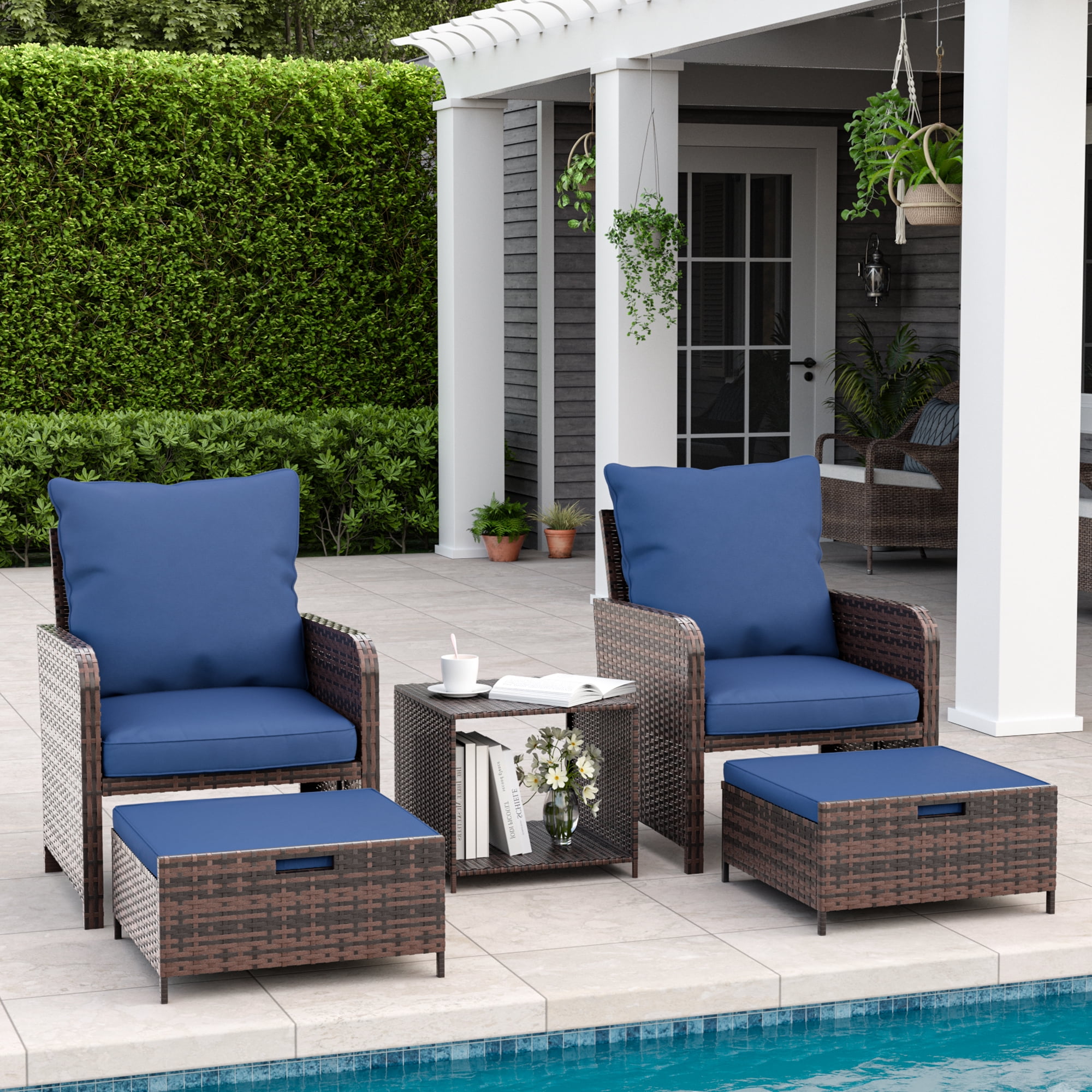 ELPOSUN 5-Piece Patio Set, Outdoor Rattan Chair with Ottomans, Storage ...