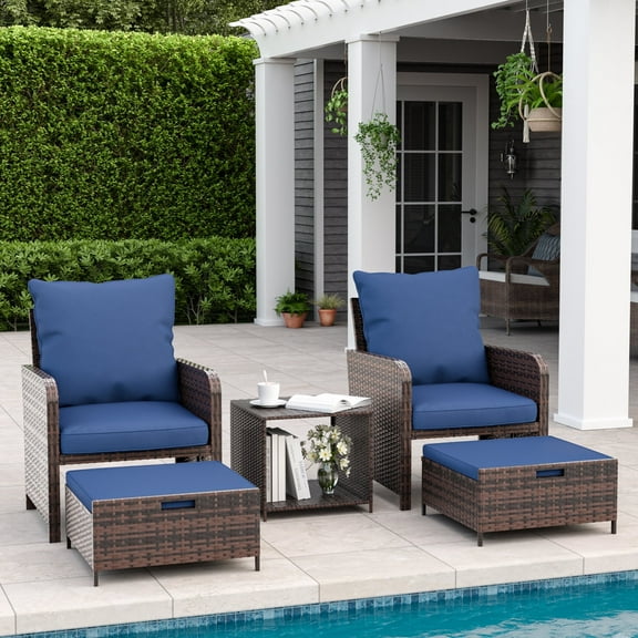 ELPOSUN 5 Piece Patio Furniture Set, Outdoor Conversation Rattan Chair with Ottomans W/Storage Coffee Table for Patio,Balcony ,Poolside  Deck, Navy