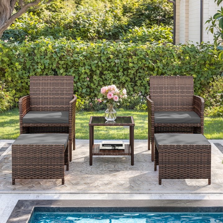 ELPOSUN 5 Piece Patio Furniture Set, Outdoor Patio Conversation Rattan Chair with Ottomans/Storage Coffee Table for Patio, Space Saving Design for Balcony Poolside Front Porch Deck,Brown Rattan, Gray