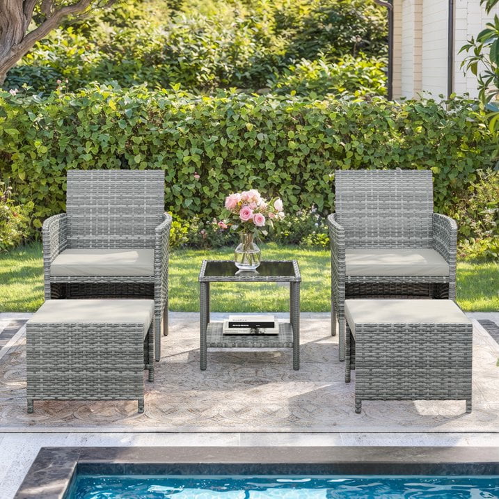 ELPOSUN 5 Piece Patio Furniture Set, Outdoor Patio Conversation Rattan Chair with Ottomans/Storage Coffee Table for Patio, Space Saving Design for Balcony Poolside Front Porch Deck,Gray Rattan,Beige