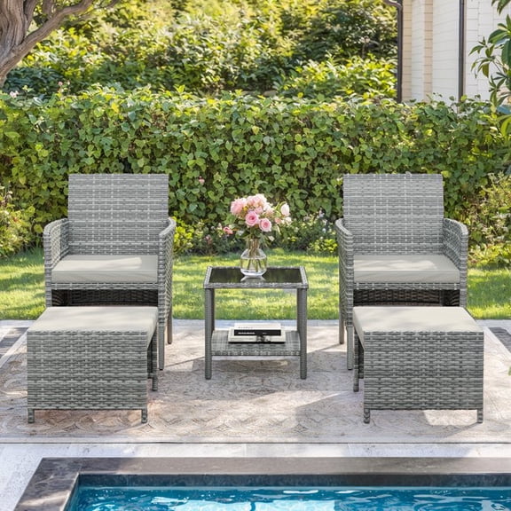 ELPOSUN 5 Piece Patio Furniture Set, Outdoor Patio Conversation Rattan Chair with Ottomans/Storage Coffee Table for Patio, Space Saving Design for Balcony Poolside Front Porch Deck,Gray Rattan,Beige