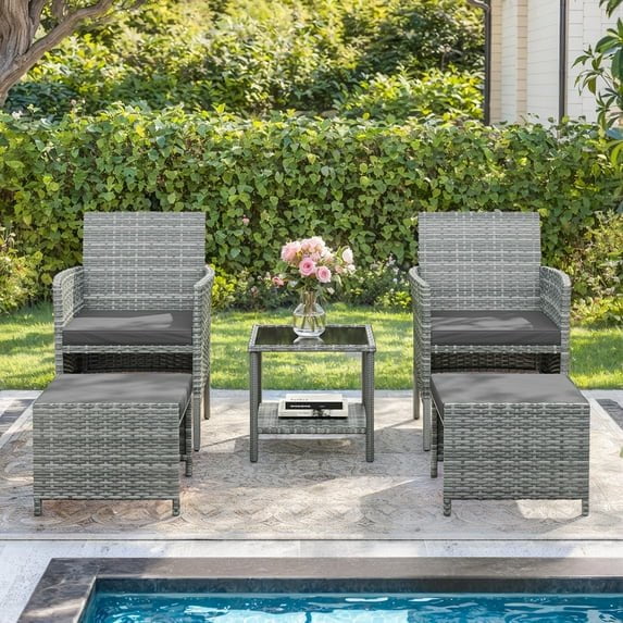 ELPOSUN 5-Piece Patio Furniture Set, Outdoor Patio Conversation Rattan Chair with Side Table & Storage Ottoman for Balcony, Porch, Deck, Poolside,Gray Rattan,Gray