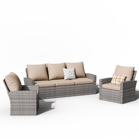 ELPOSUN 5 Pieces Outdoor Sectional PE Rattan Conversation Sofa Set with Gray Wicker, Beige