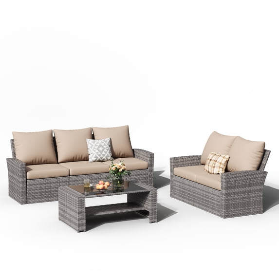 ELPOSUN 5 Pieces Outdoor Sectional PE Rattan Conversation Sofa Set with Gray Wicker Lovest, Beige