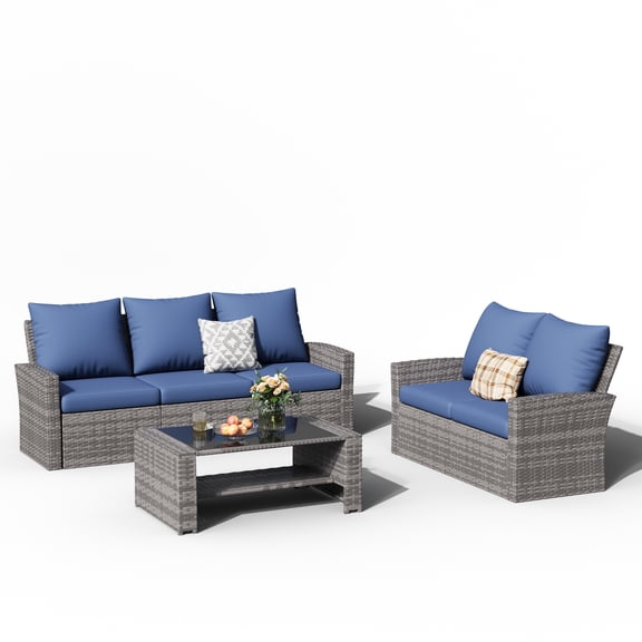 ELPOSUN 5 Pieces Outdoor Sectional PE Rattan Conversation Sofa Set with Gray Wicker Lovest, Blue