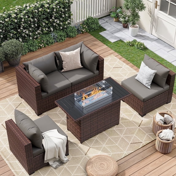 ELPOSUN 5 Pieces Patio Furniture Set All Weather Outdoor Sectional Sofa, Outdoor Modern Sectional Furniture Wicker Couch with Fire Pit Table, Thicken Gray Cushions, Water Resistant