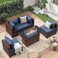 thumbnail image 1 of ELPOSUN 5 Pieces Patio Furniture Set All Weather Outdoor Sectional Sofa, Outdoor Modern Sectional Furniture Wicker Couch with Fire Pit Table, Thicken Navy Blue Cushions, Water Resistant, 1 of 6