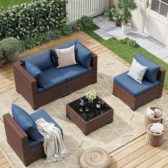 ELPOSUN 5 Pieces Patio Furniture Set All Weather Outdoor Sectional Sofa, Outdoor Modern Sectional Furniture Wicker Couch with Glass Coffee Table, Thicken Navy Blue Cushions, Water Resistant
