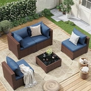 ELPOSUN 7 Pieces Patio Furniture Set All Weather Outdoor Sectional Sofa, Outdoor Modern Sectional Furniture Wicker Couch with Glass Coffee Table, Thicken Gray Cushions, Water Resistant