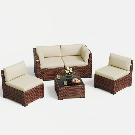ELPOSUN 5 Pieces Patio Furniture Set, Outdoor Furniture Sectional Rattan Sofa for Backyard Garden Khaki